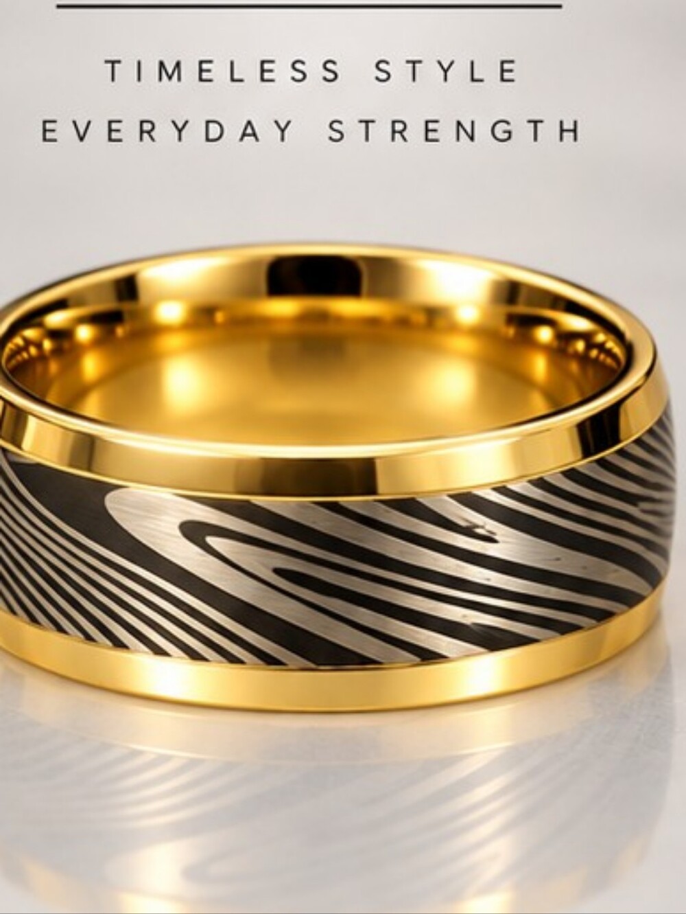 8mm Textured Damascus Goldtone Tungsten Steel Ring | Size 7 Thru 12